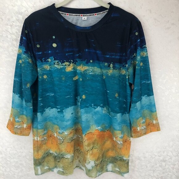 Exclusive Geometric Ombré Multicolor Boho 3/4 Sleeve Tie Dye Pullover Top - Picture 1 of 12